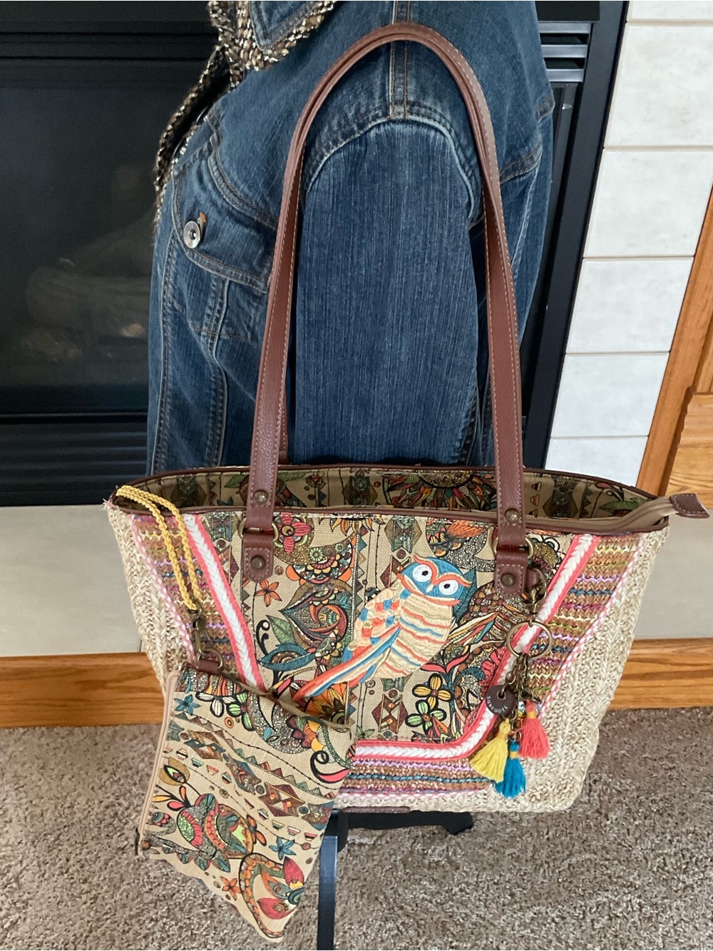 Sakroots Owl Embroidered Straw Shoulder Handbag w/Matching Zipper Pouch, Boho